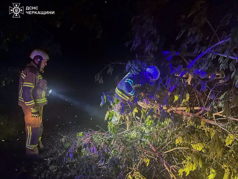 Рятувальники ДСНС у нічний час доби за допомогою бензопили розчищають дорогу від повалених дерев для відновлення руху.
