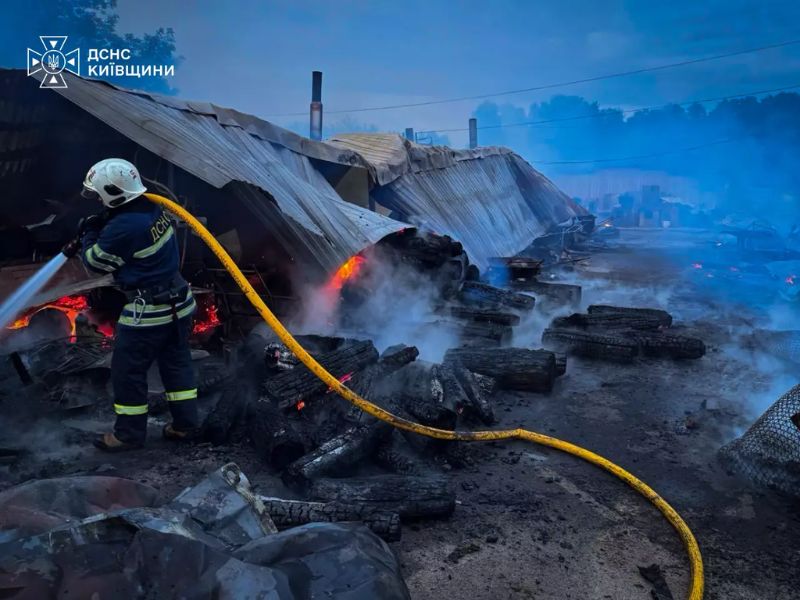 Співробітник ДСНС ліквідує наслідки масштабного загоряння дерев'яних та металевих вольєрів у притулку для тварин за допомогою пожежного рукава, Київська область.